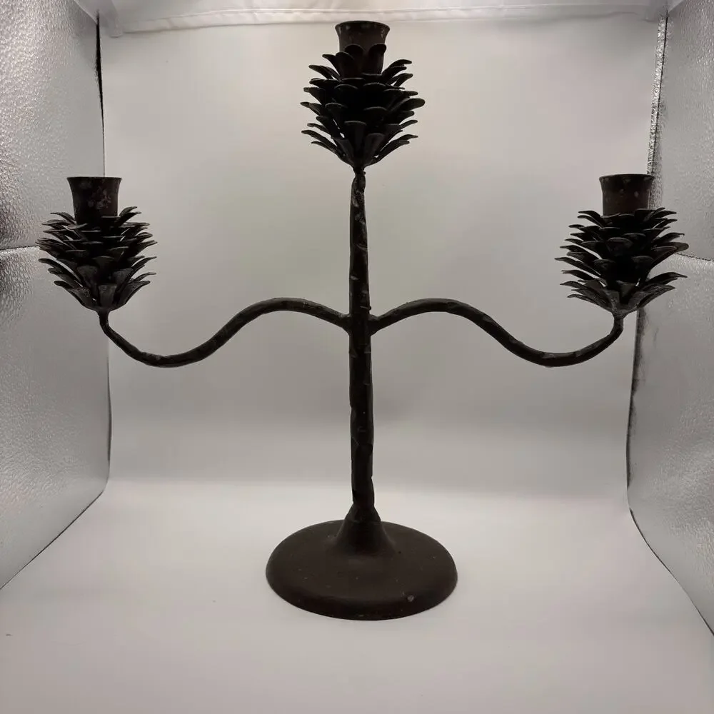 Iron Pinecone 3 Taper Candle Candelabra Fall Holiday Decor Bronze Finish Used